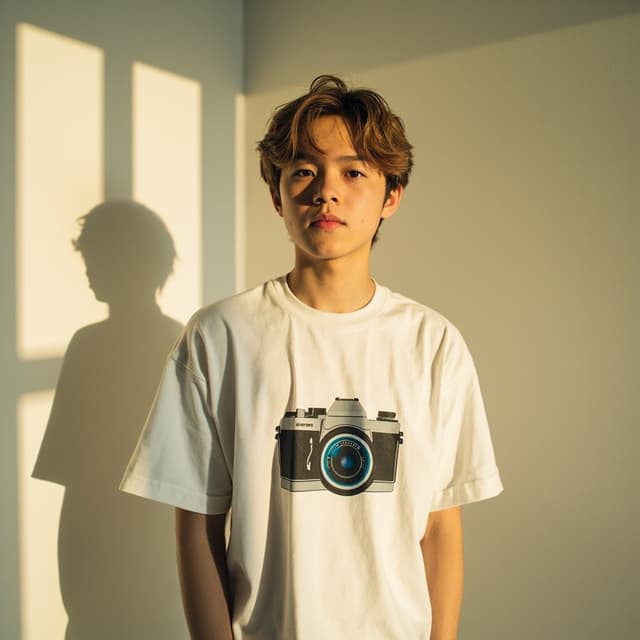 The scene is set indoors, featuring a simple, minimalist room with white walls that are bathed in the warm, soft glow of natural daylight.