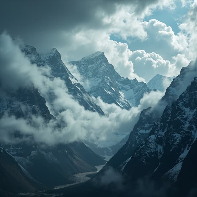 The scene is set outdoors amid a dramatic mountain landscape.