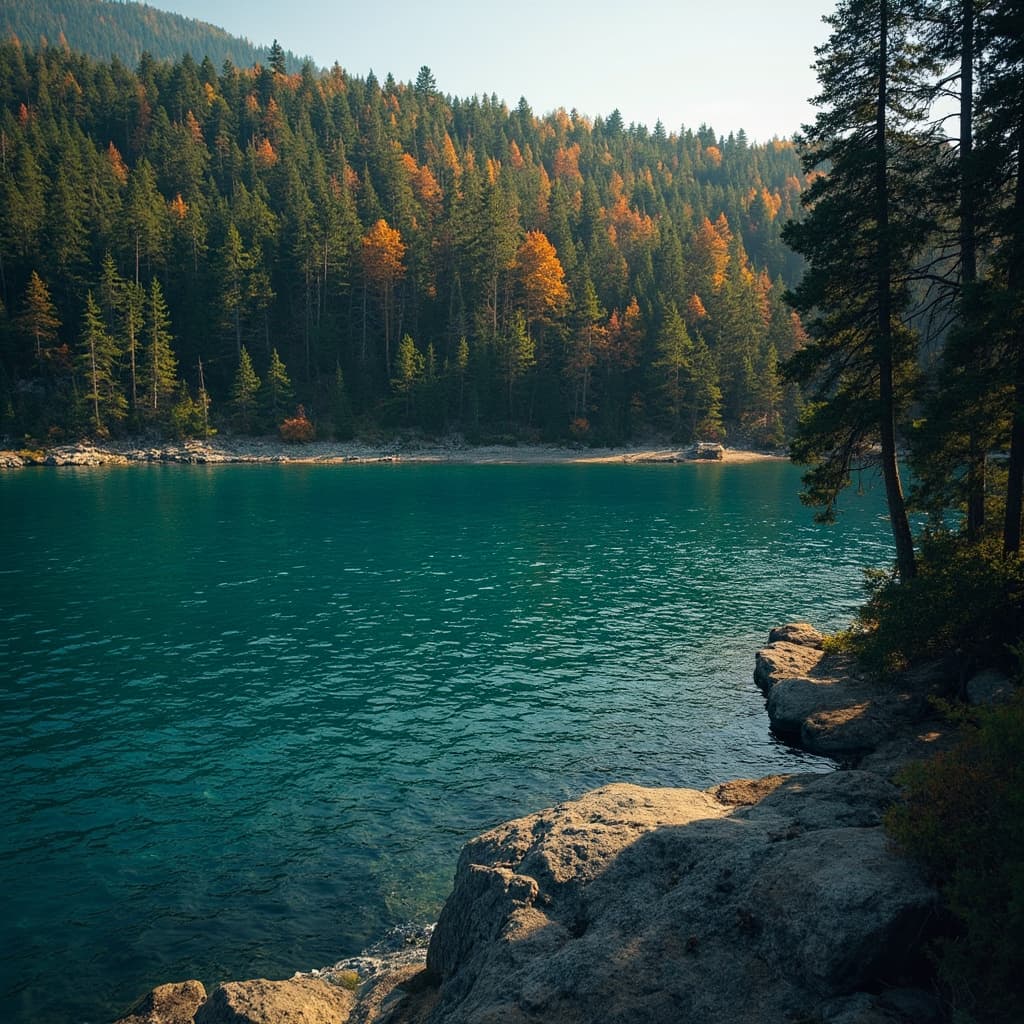 The scene is set outdoors, depicting a serene, densely wooded landscape.