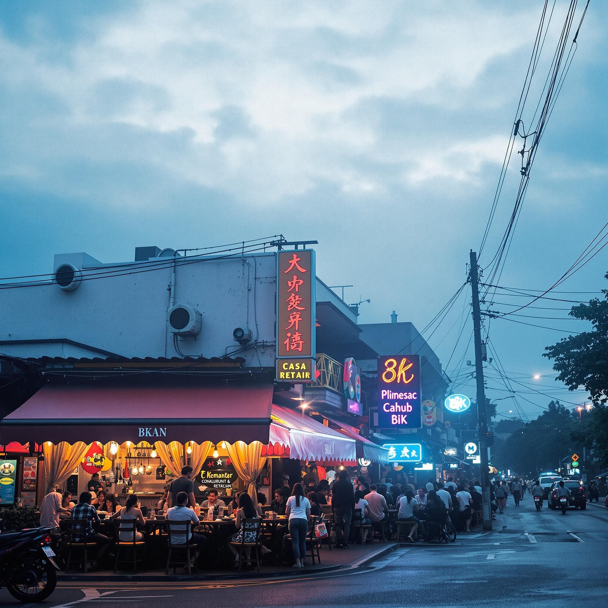 The scene is an inviting outdoor setting in the soft glow of evening light.
