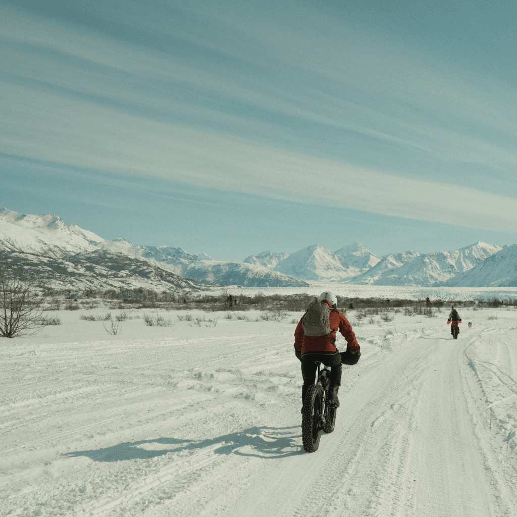 A wide outdoor winter landscape shows a snow-covered track or packed trail stretching into the distance beneath a pale blue sky with thin, streaky clouds.