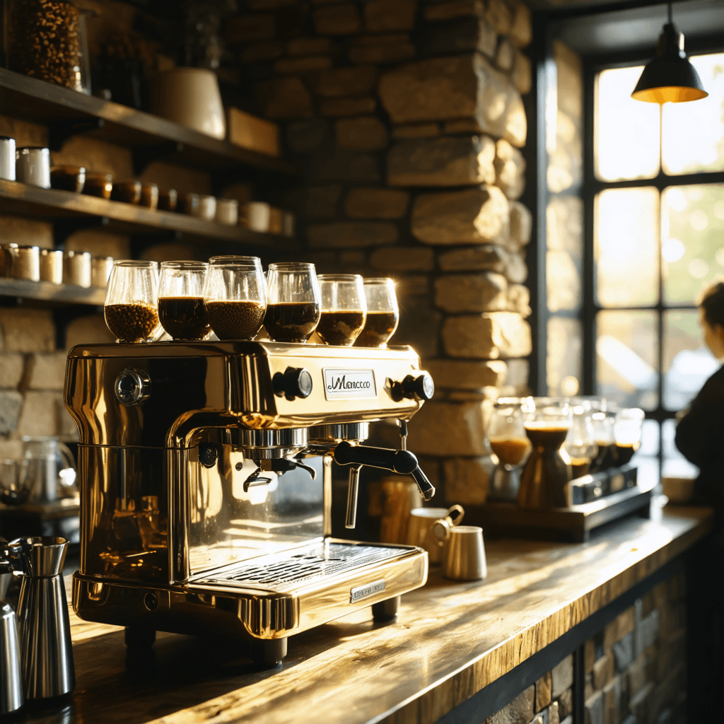 The scene is set indoors in a cozy café with a warm, inviting atmosphere.