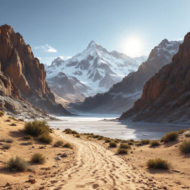 The scene unfolds outdoors at the base of a majestic mountain range during the serene hour of dawn.