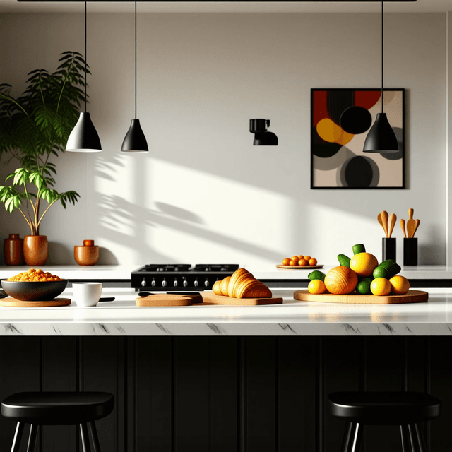 The scene depicts an indoor kitchen area filled with warm, late-afternoon light streaming through unseen windows, casting soft shadows across the space.