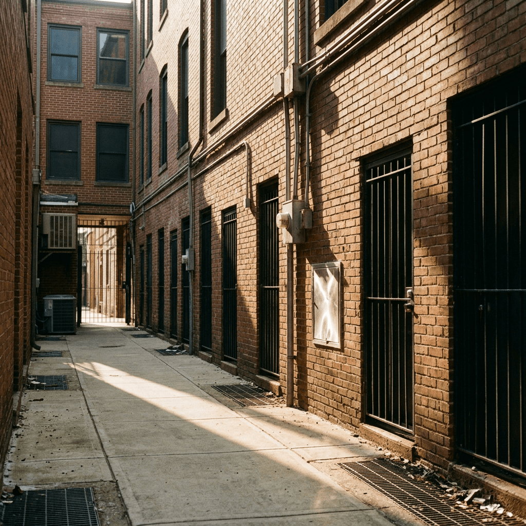 A narrow urban service alley is framed by tall red-brown brick building walls with a tight gap down the center, viewed from close range at ground level.