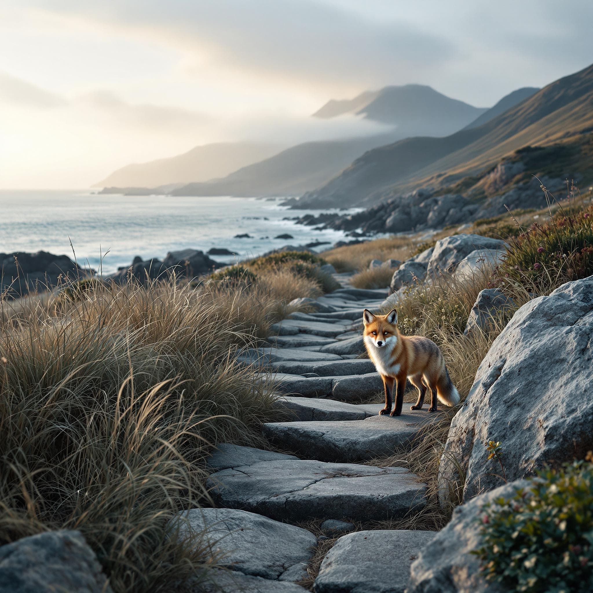The scene depicts an outdoor setting, likely in a mountainous area, during the soft glow of morning or perhaps the gentle fade of dusk.