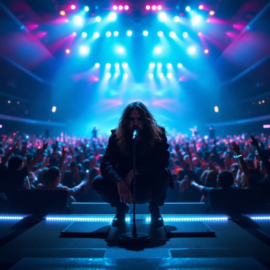 The scene is set indoors in a large, vibrant concert hall filled with energy.