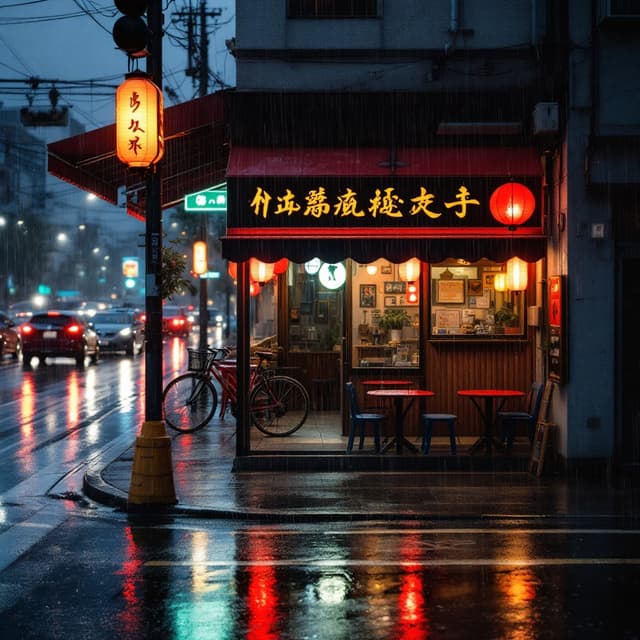 The scene is set on a quiet street corner during the gentle fade of dusk, transitioning into night.