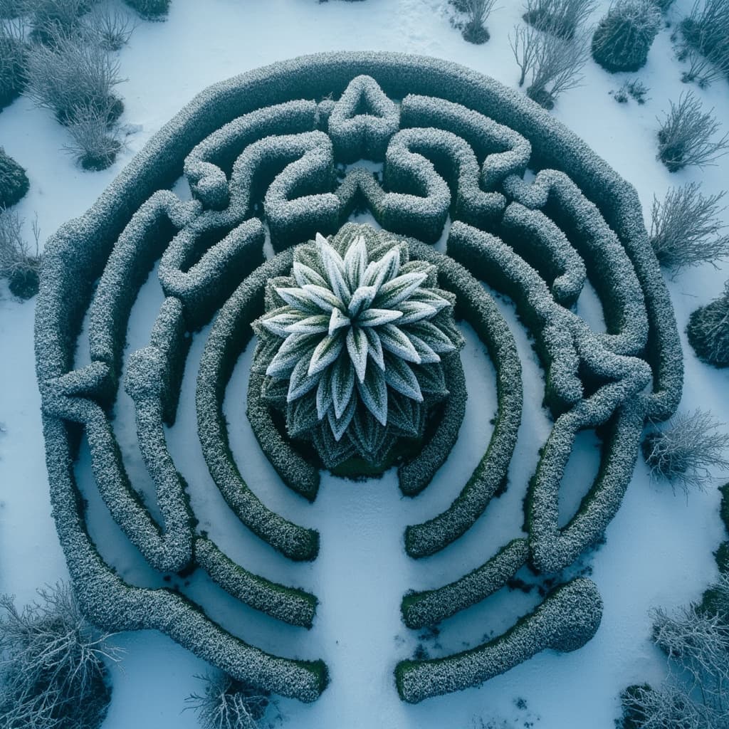 The scene is an aerial view of an outdoor garden, featuring a meticulously designed maze and a large central shape resembling a pineapple.