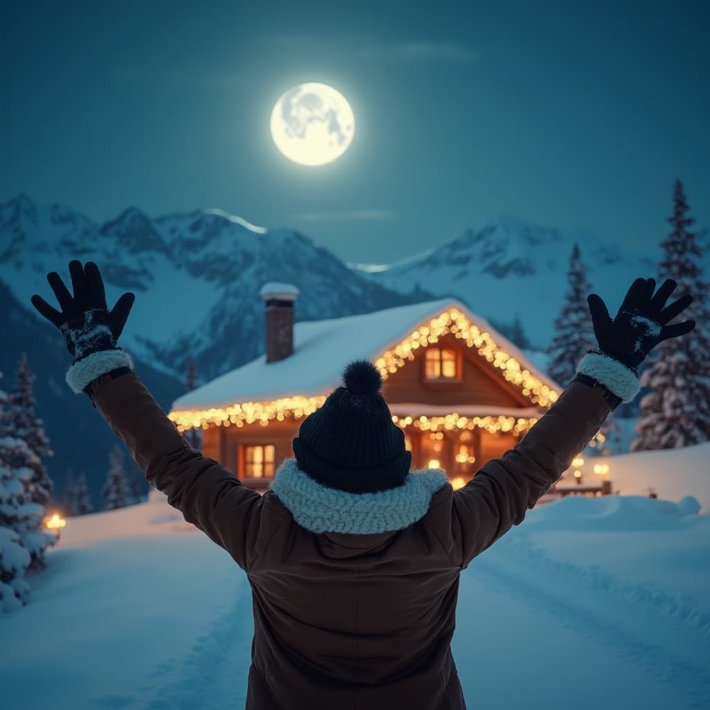 The scene takes place outdoors in a snowy landscape during the dusk or early evening, as the sky has a soft, dim hue indicating fading daylight.