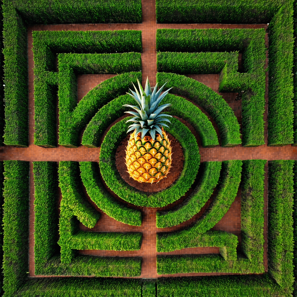 The scene is an aerial view of an outdoor garden, featuring a meticulously designed maze and a large central shape resembling a pineapple.