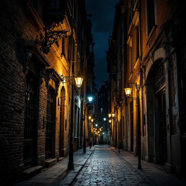 The scene is set in a narrow outdoor alleyway flanked by tall buildings, suggesting a charming, historical district.