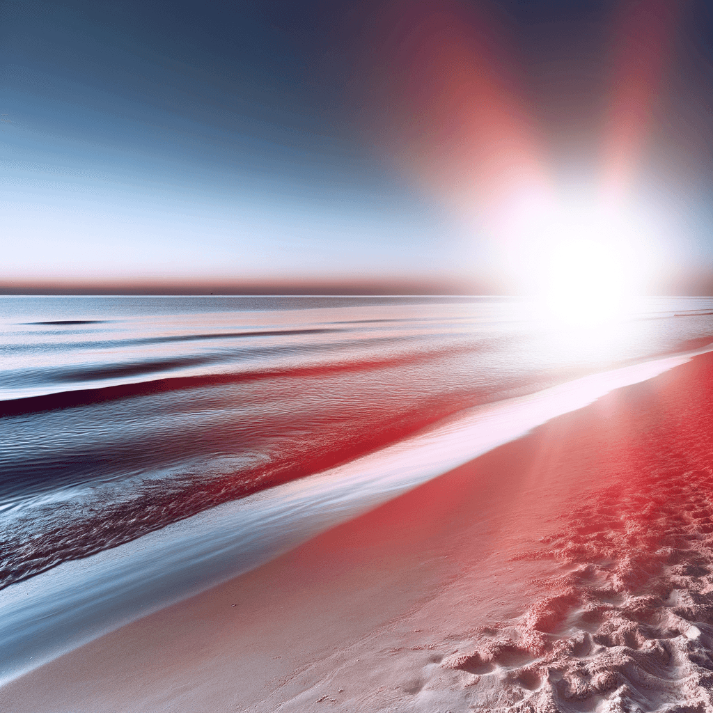The scene is set outdoors at a tranquil beach during sunset.