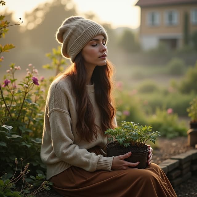 The scene is set outdoors in a lush garden during the late afternoon, where the golden glow of the setting sun casts warm hues across the landscape.