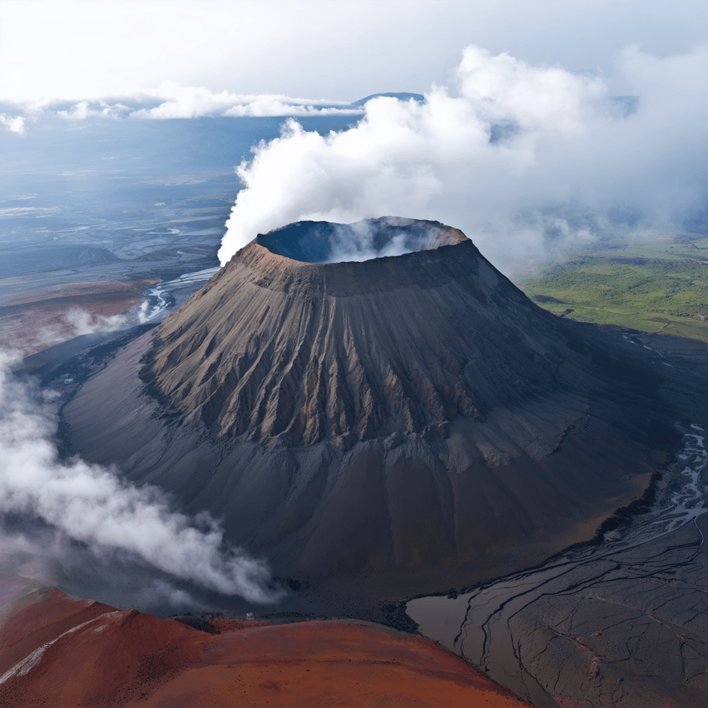 The scene is an expansive aerial view of a vibrant and varied landscape, likely viewed from high above the earth.