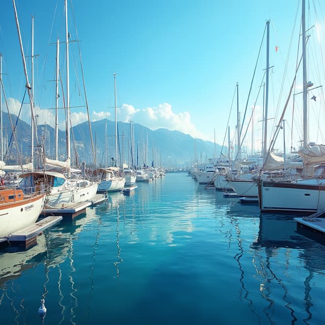 The scene is set in a tranquil marina, bathed in the soft, warm light of early morning.