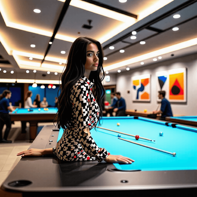 The scene is set indoors, in a modern billiards hall illuminated by bright, artificial lighting.