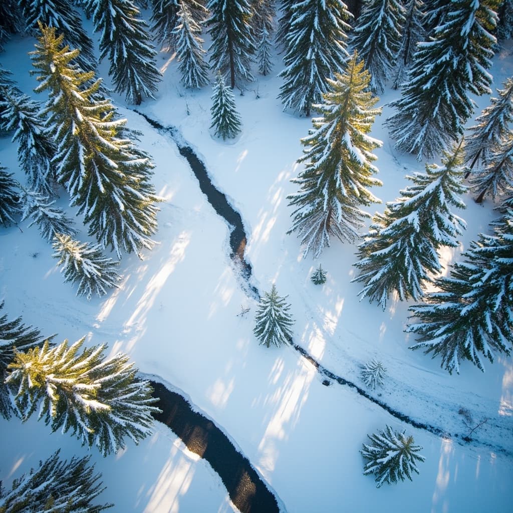 The scene presents an outdoor winter landscape viewed from above.