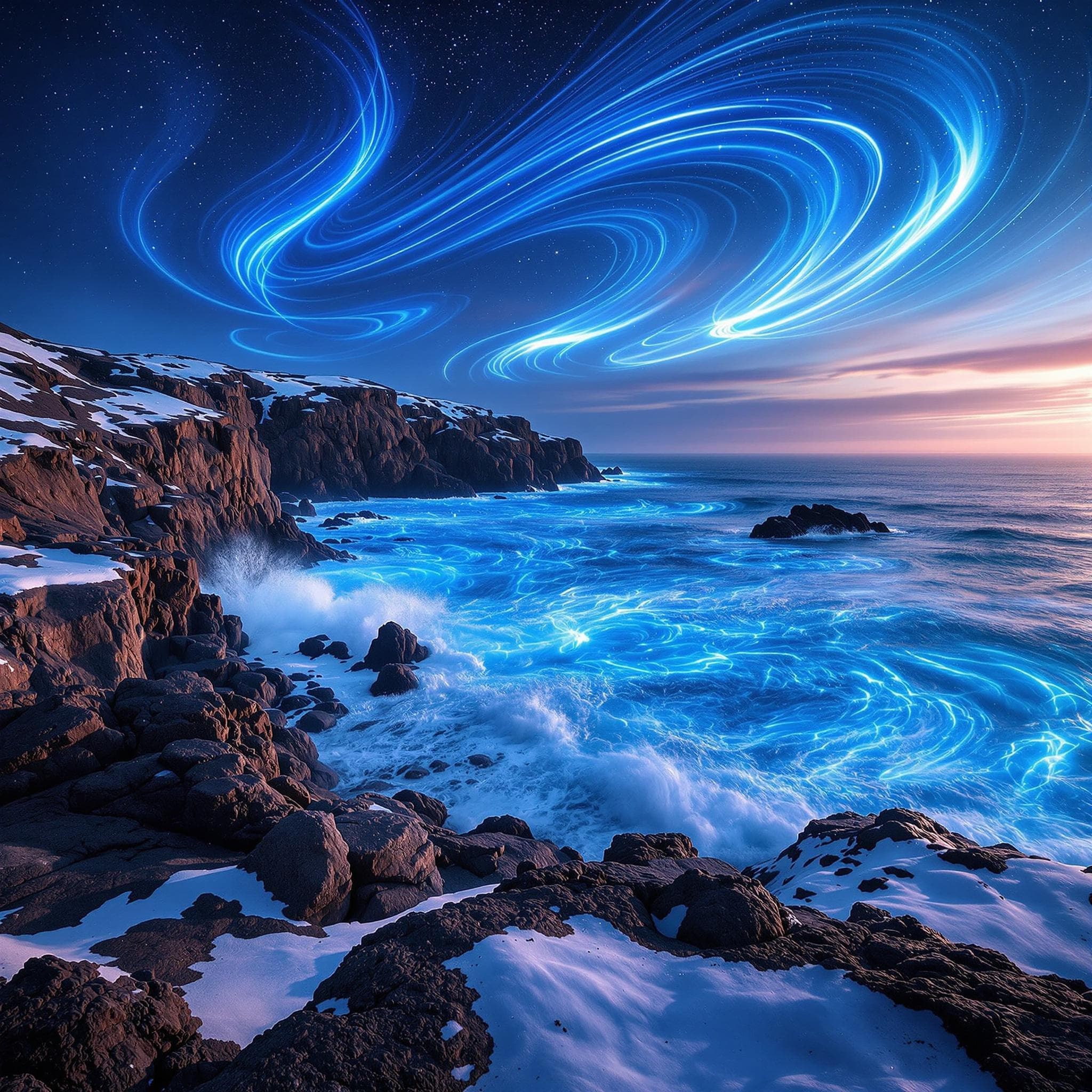 The scene is an outdoor mountainous landscape captured during dusk, with a sky transitioning from the gentle hues of the setting sun to the subtle darkness of night.