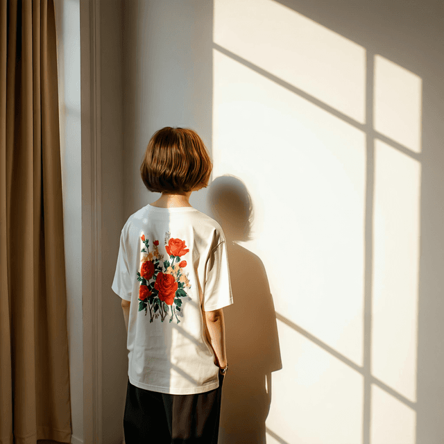 The scene is set indoors, featuring a simple, minimalist room with white walls that are bathed in the warm, soft glow of natural daylight.