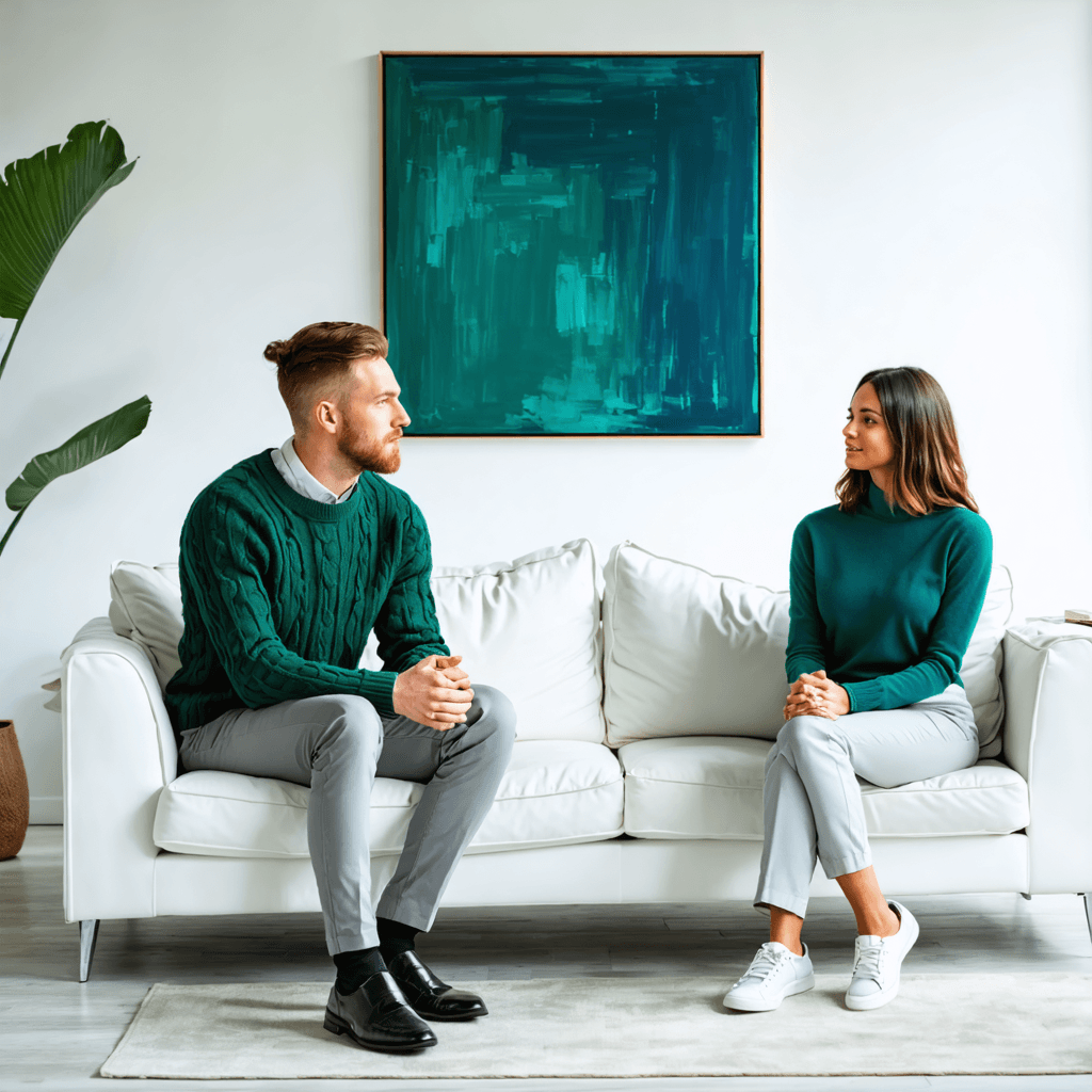 The scene is set indoors in a cozy, dimly lit living room.