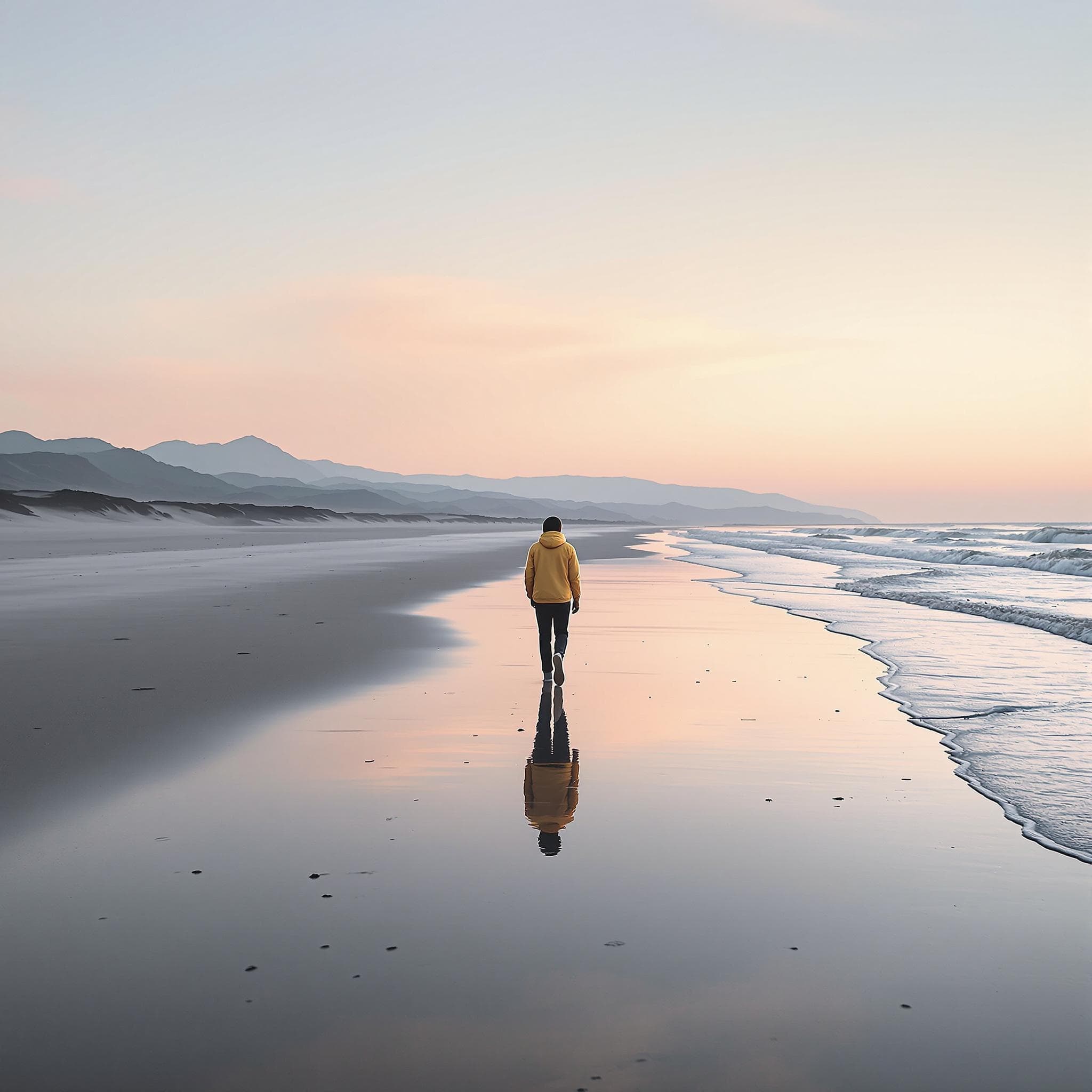 The scene is set outdoors on a vast, serene beach during the gentle transition of dusk.