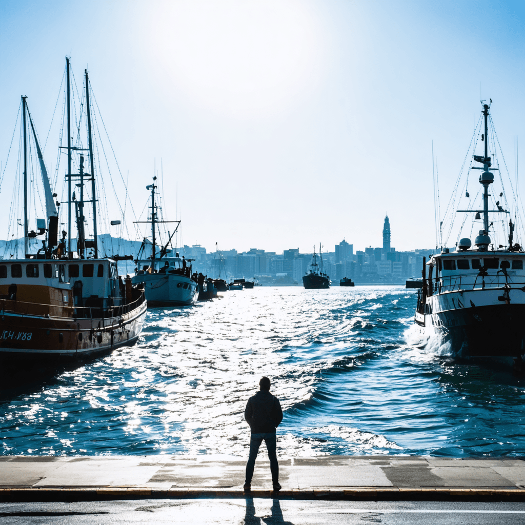 The scene unfolds outdoors, capturing a serene coastal setting.