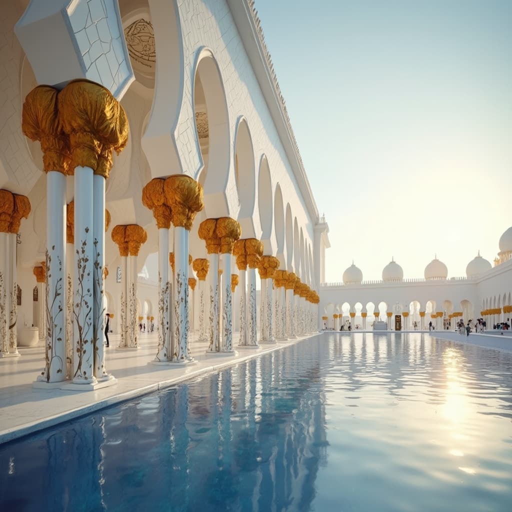 The scene is set outdoors, enveloped in a serene and tranquil atmosphere, likely during early morning or late afternoon, evidenced by the soft lighting casting gentle reflections.