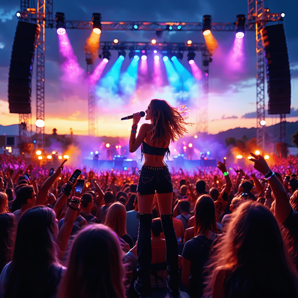 The scene is set indoors in a large, vibrant concert hall filled with energy.