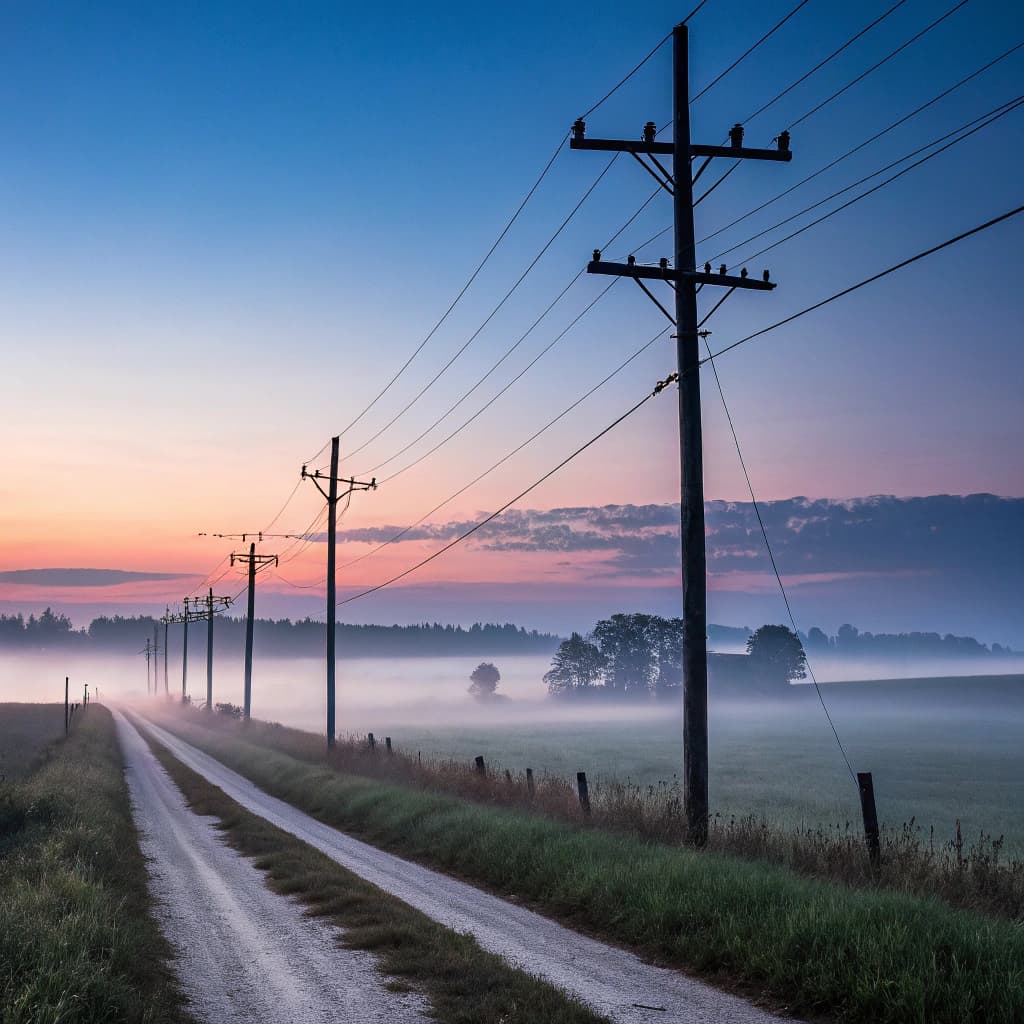 The scene is set outdoors during the twilight of early evening, just after the sun has dipped below the horizon.
