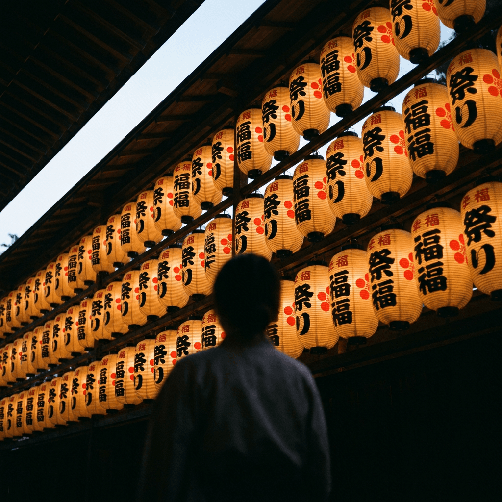 A dark exterior setting at dusk or night shows the underside of a traditional building roof at the top left against a small wedge of pale sky, while three tightly packed rows of warm amber paper lanterns fill the upper and right side of the frame.