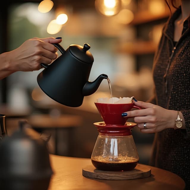 The scene is set indoors, likely in a cozy kitchen or a coffee shop, with soft lighting that suggests either early morning or late afternoon.