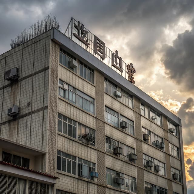 The scene is outdoors, featuring a multi-story building with a tiled facade.