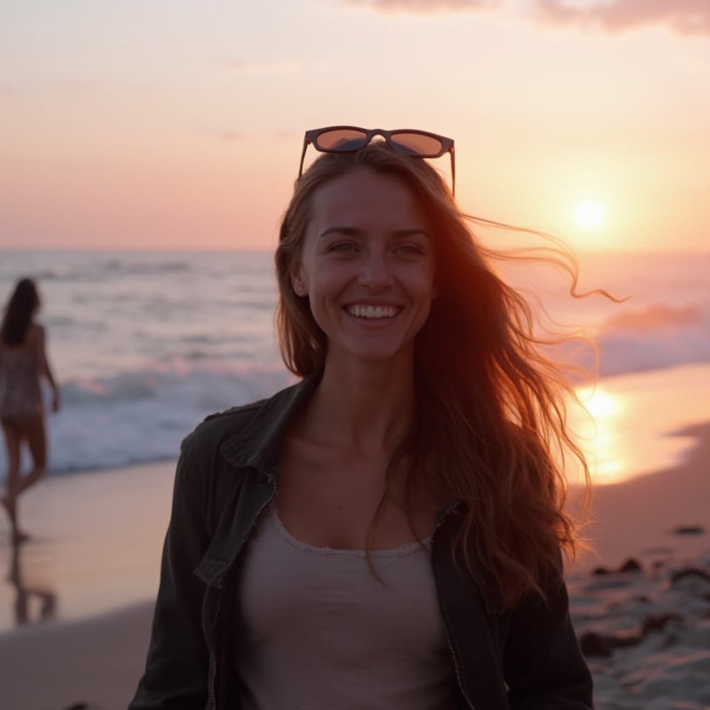 The scene is set outdoors on a beach during the early evening, with the sun dipping low on the horizon, casting a warm, golden glow over the sands.