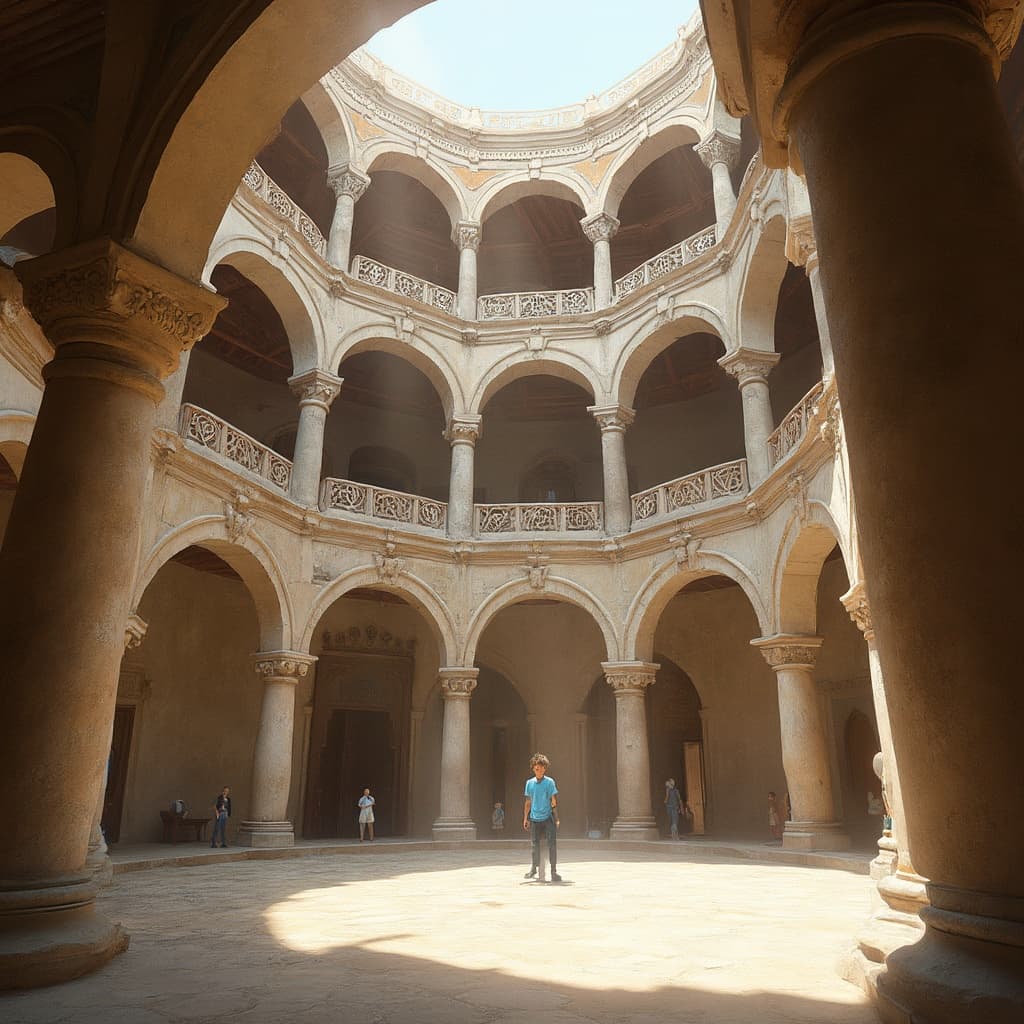The scene is set in a grand indoor courtyard characterized by a circular architecture.