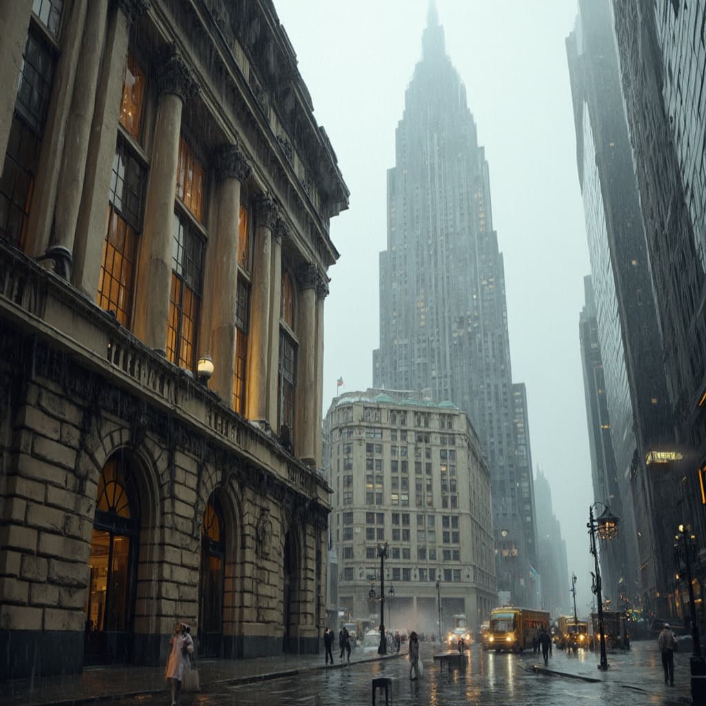 The scene is set outdoors in a bustling urban environment, likely during the day when the light is diffuse, indicating an overcast sky.