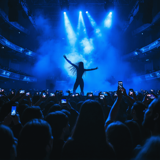 The scene takes place indoors, in what appears to be a dimly lit nightclub or concert hall.
