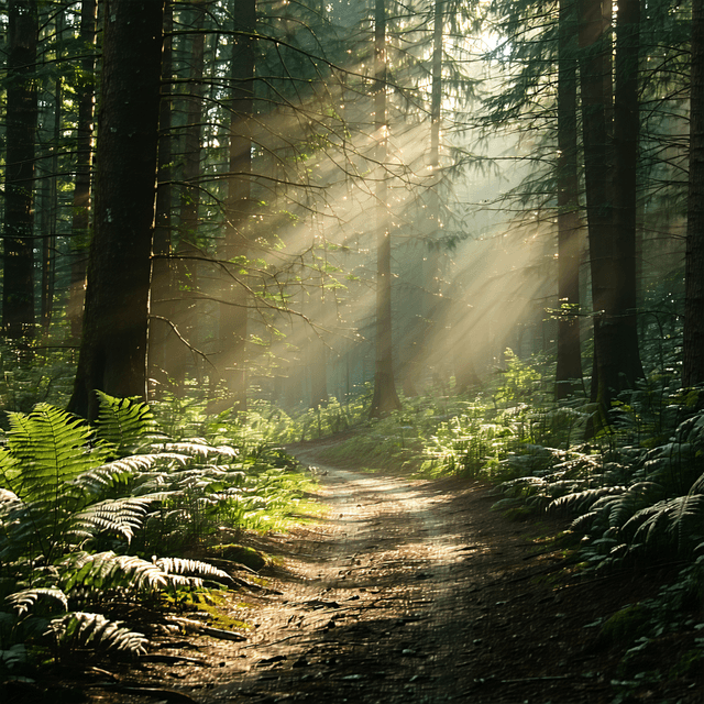 The scene is set in a tranquil forest, bathed in the soft glow of morning sunlight.