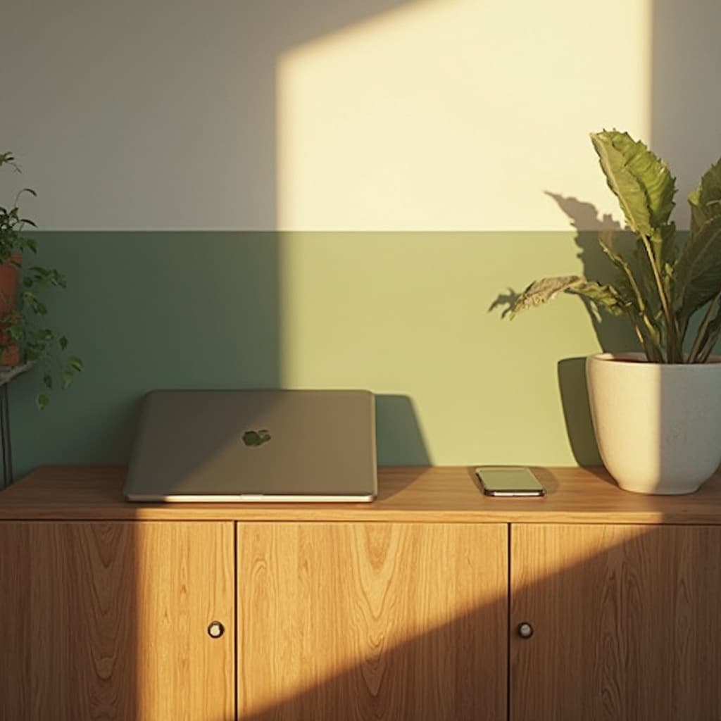 The scene takes place indoors, featuring a minimalist setting with a light and airy atmosphere.