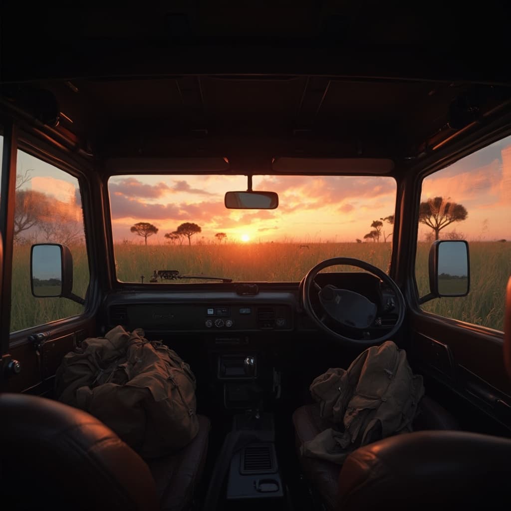 The scene unfolds inside a rugged vehicle, possibly a safari jeep, suggesting a sense of adventure.