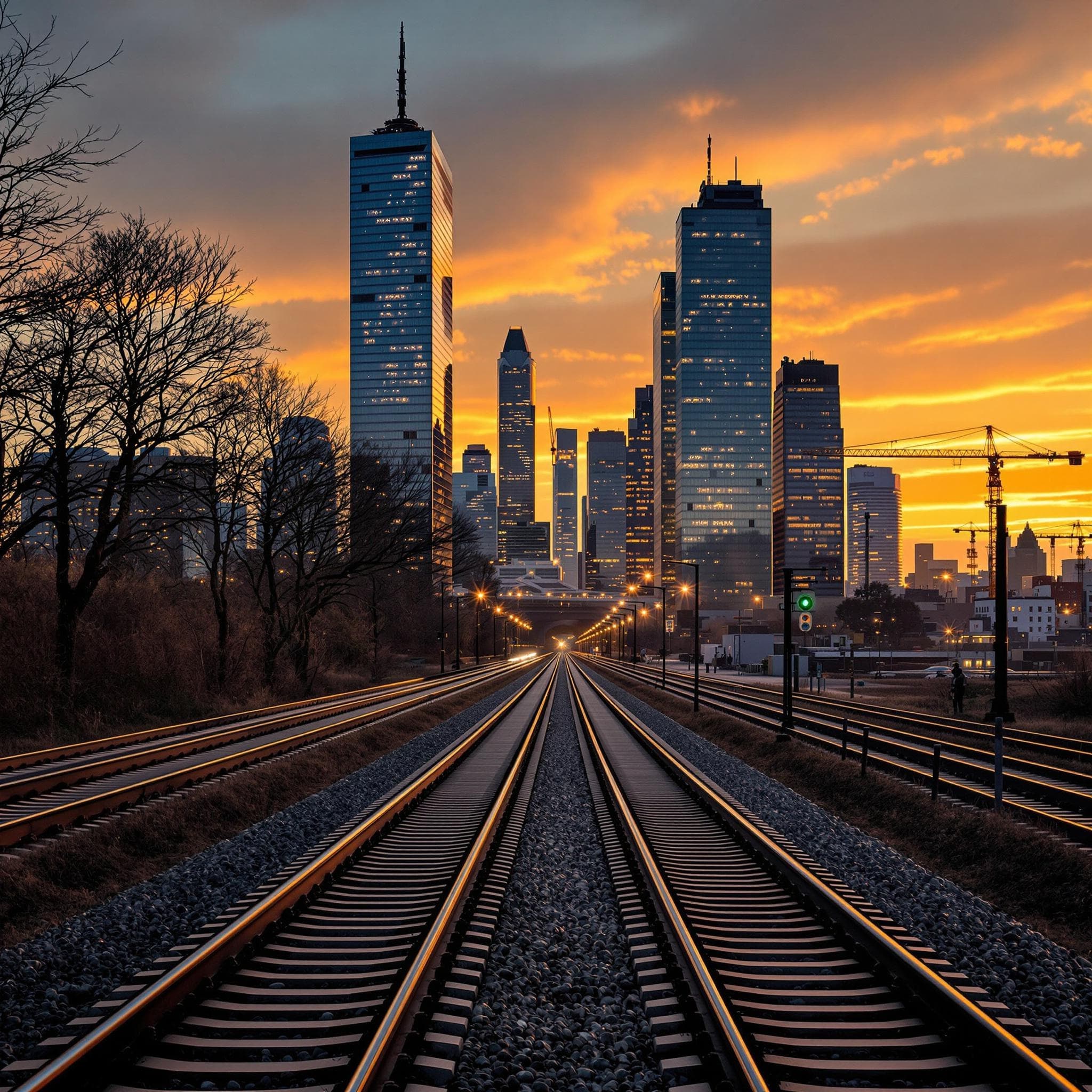 The scene is set outdoors during the fading light of dusk, casting a warm, golden glow across the sky.