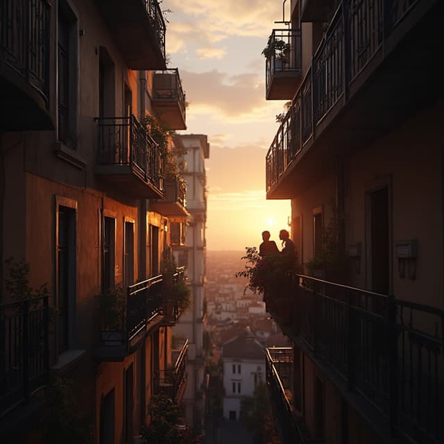 The scene is set outdoors in a narrow urban alley lined with tall residential buildings on both sides.