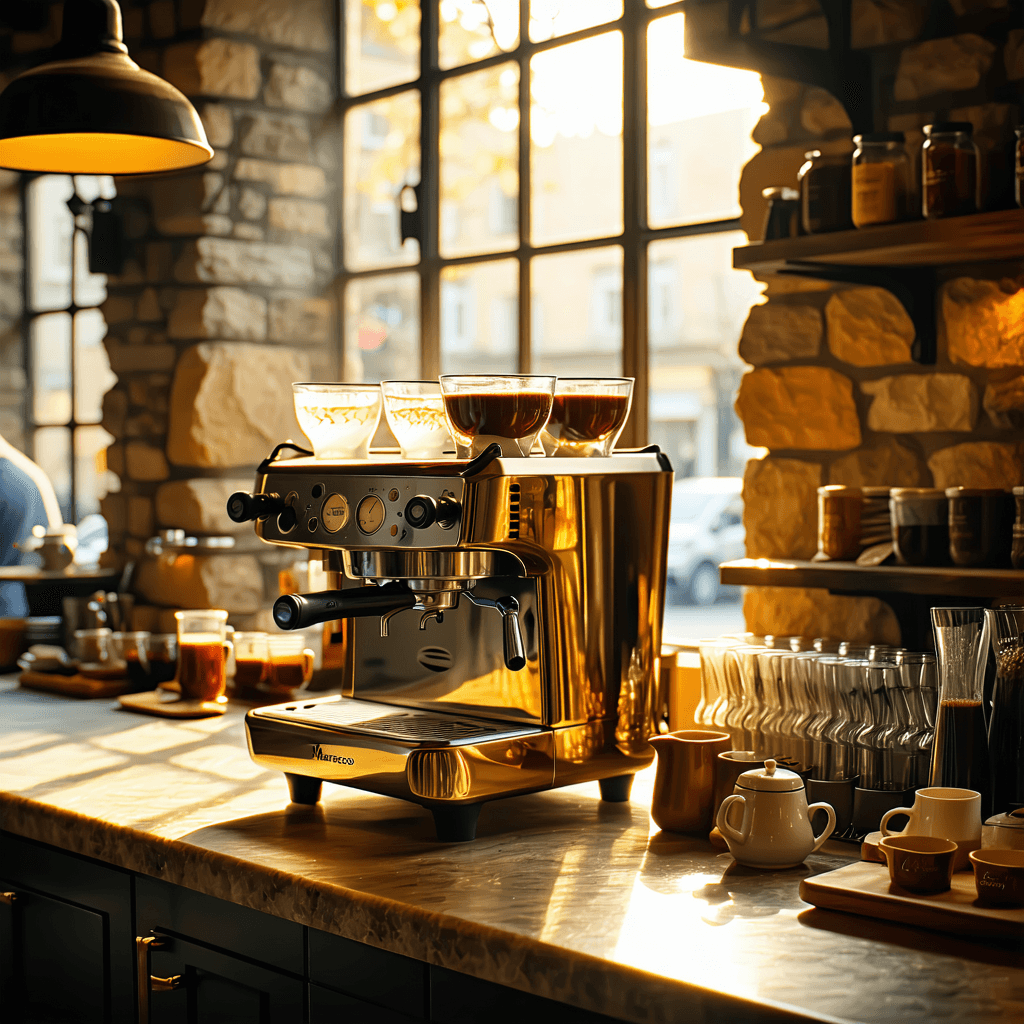 The scene is set indoors in a cozy café with a warm, inviting atmosphere.