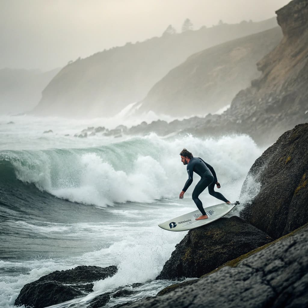 The scene takes place outdoors, surrounded by the energetic rush of water under an overcast sky, suggesting a chilly, perhaps early morning or late afternoon setting.