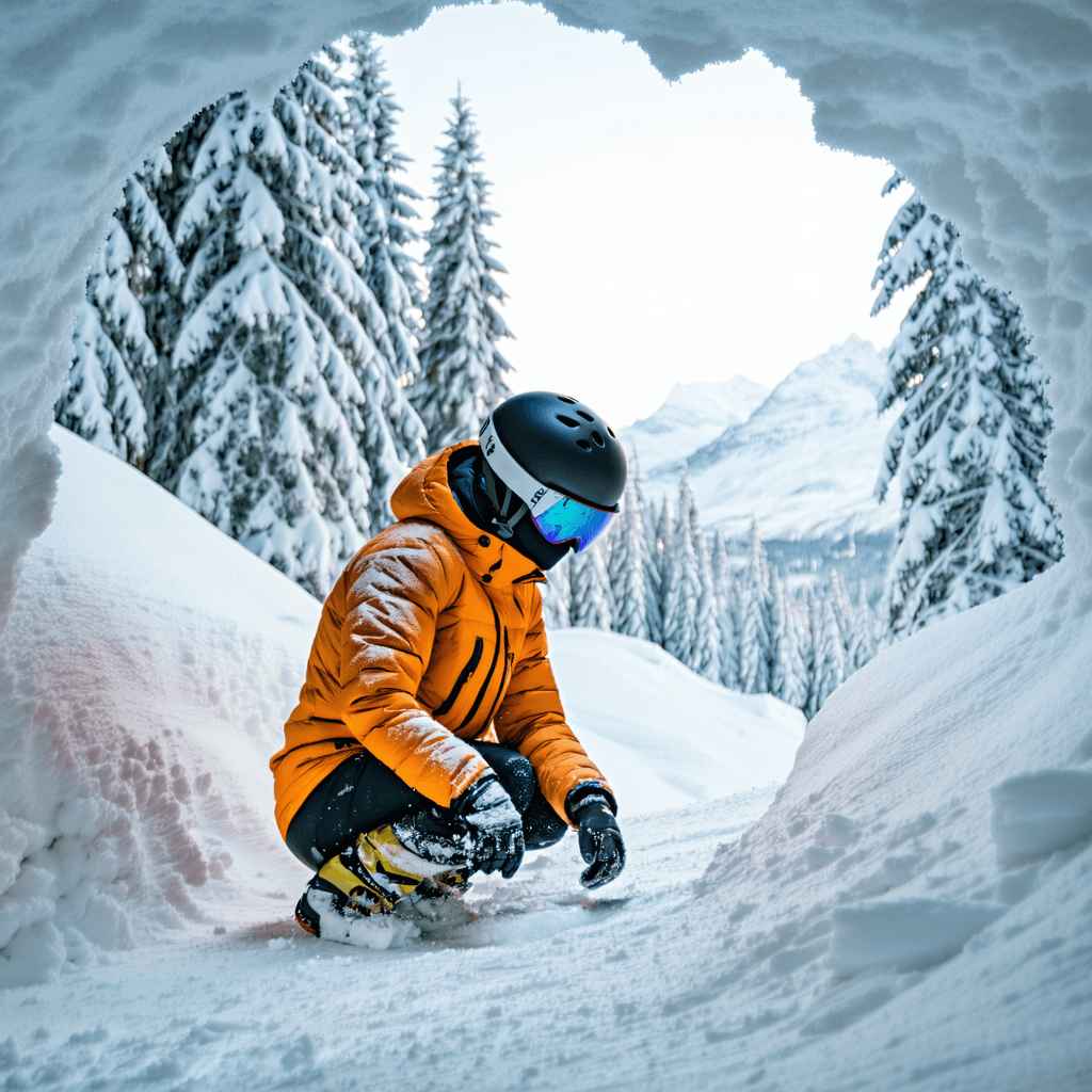 The scene is set outdoors amid a snowy landscape, likely in a mountainous area.