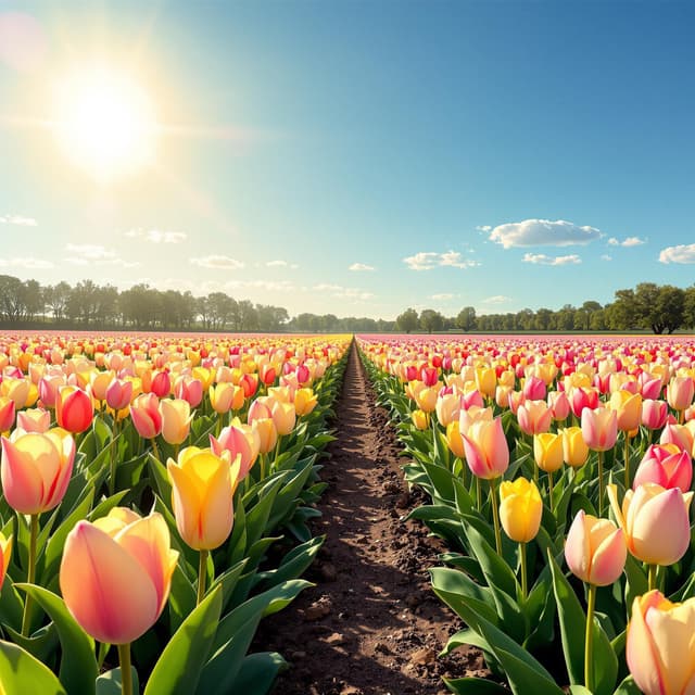 The scene unfolds outdoors in a vibrant tulip field under the clear blue sky of a bright midday sun.