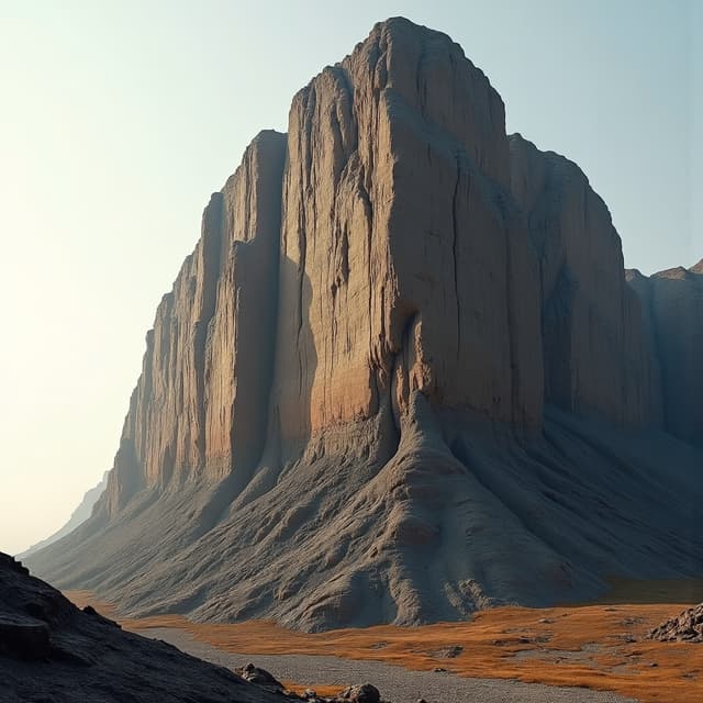 The image depicts a striking landscape featuring a rugged, textured rock formation.