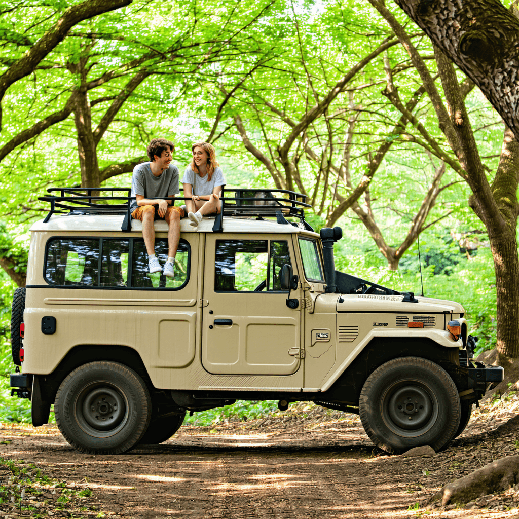 The scene is set outdoors during what appears to be the morning or early afternoon, with soft natural lighting filtering through lush, green trees, casting gentle shadows on the ground.