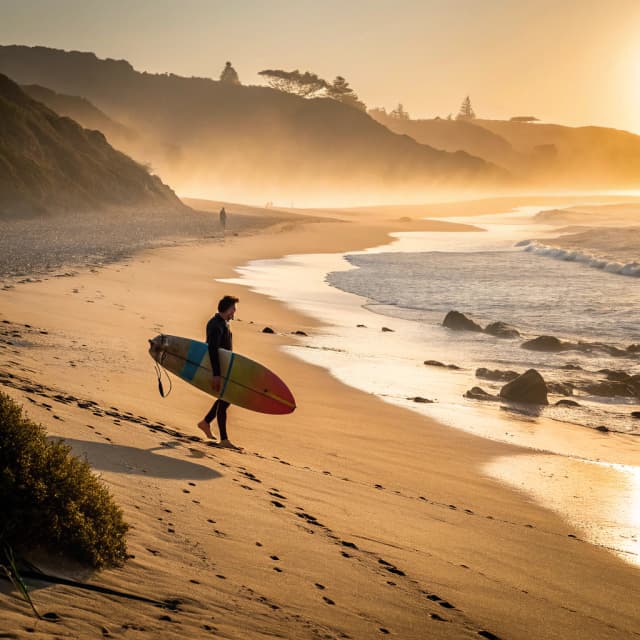 The scene is set outdoors on a sandy beach, captured under what appears to be a soft, overcast sky.