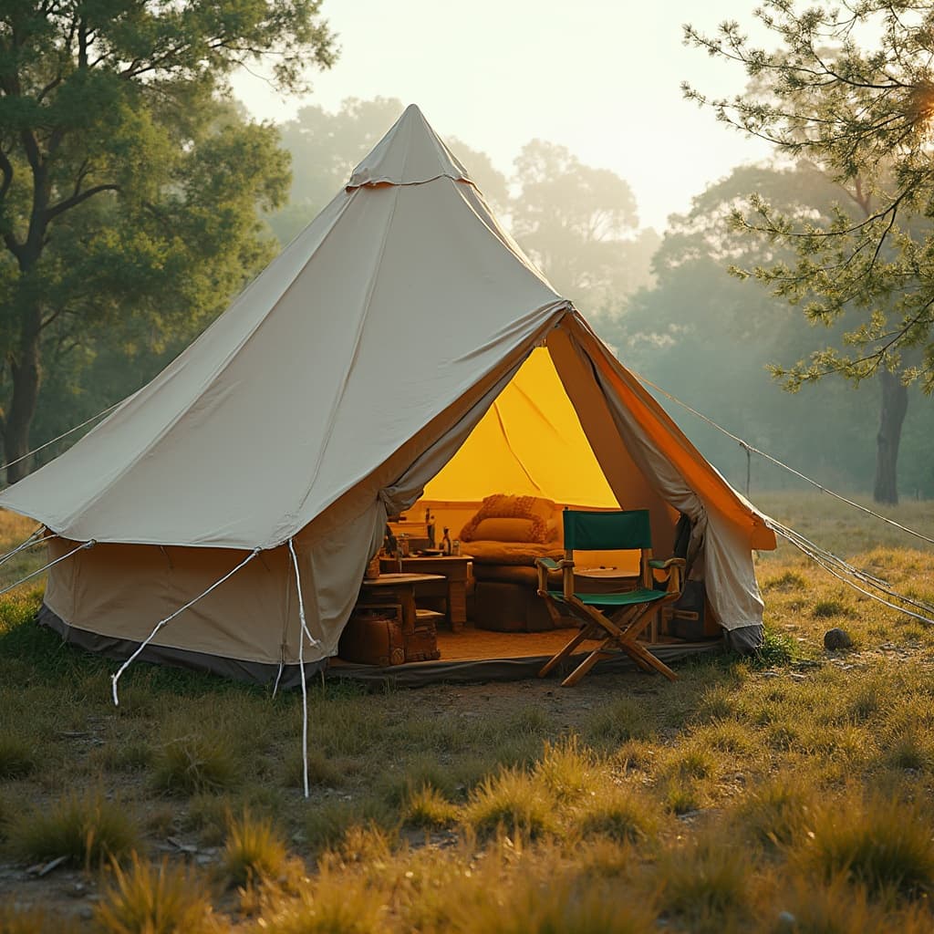 The scene is set outdoors in what seems to be a campsite, bathed in the soft glow of morning sunlight.